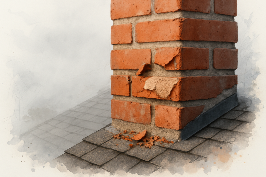 Close-up of spalling brick faces flaking off a coastal chimney with orange grit collected below