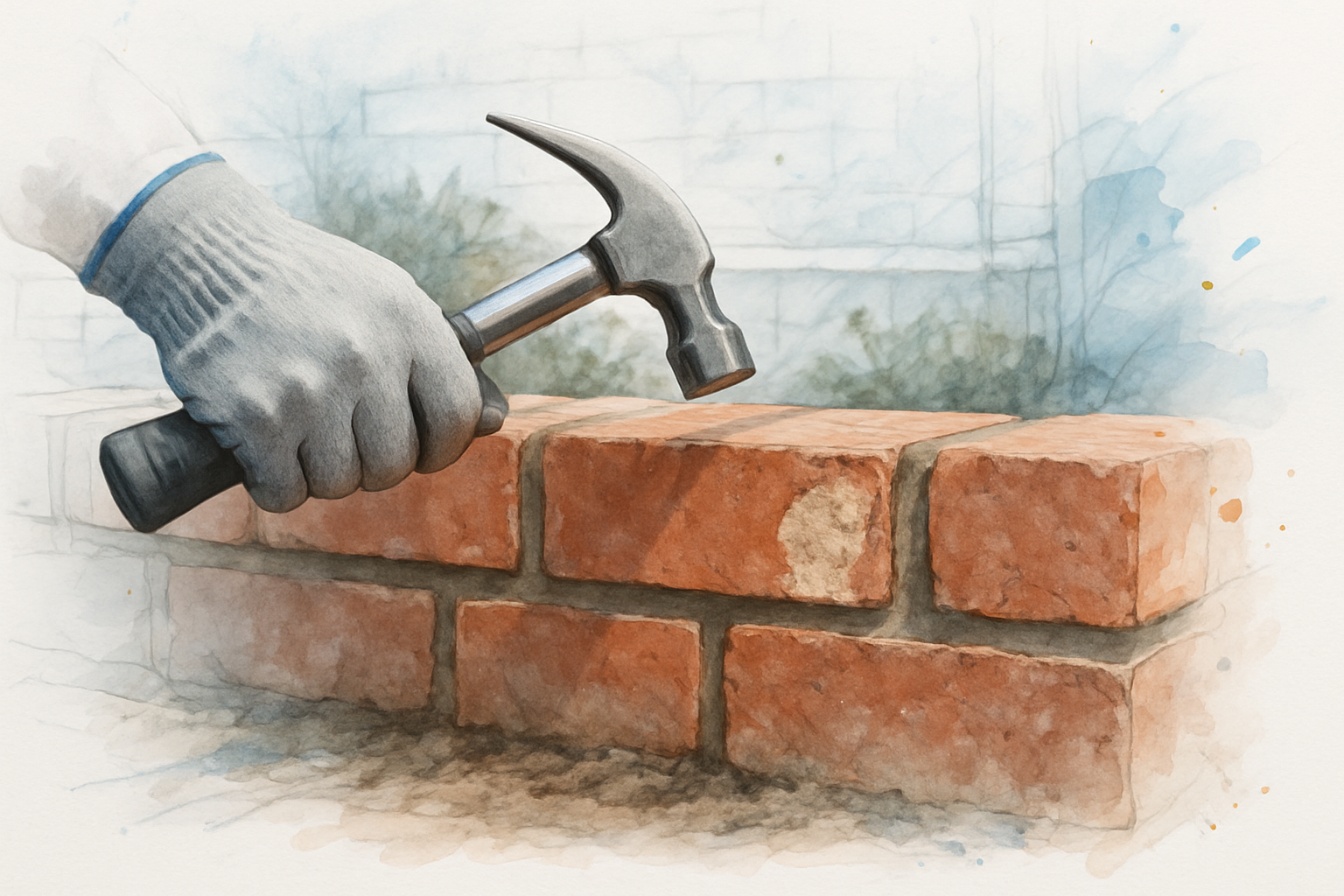 Gloved hand tapping a brick wall to check for hollow spots next to a brick with its face flaked off