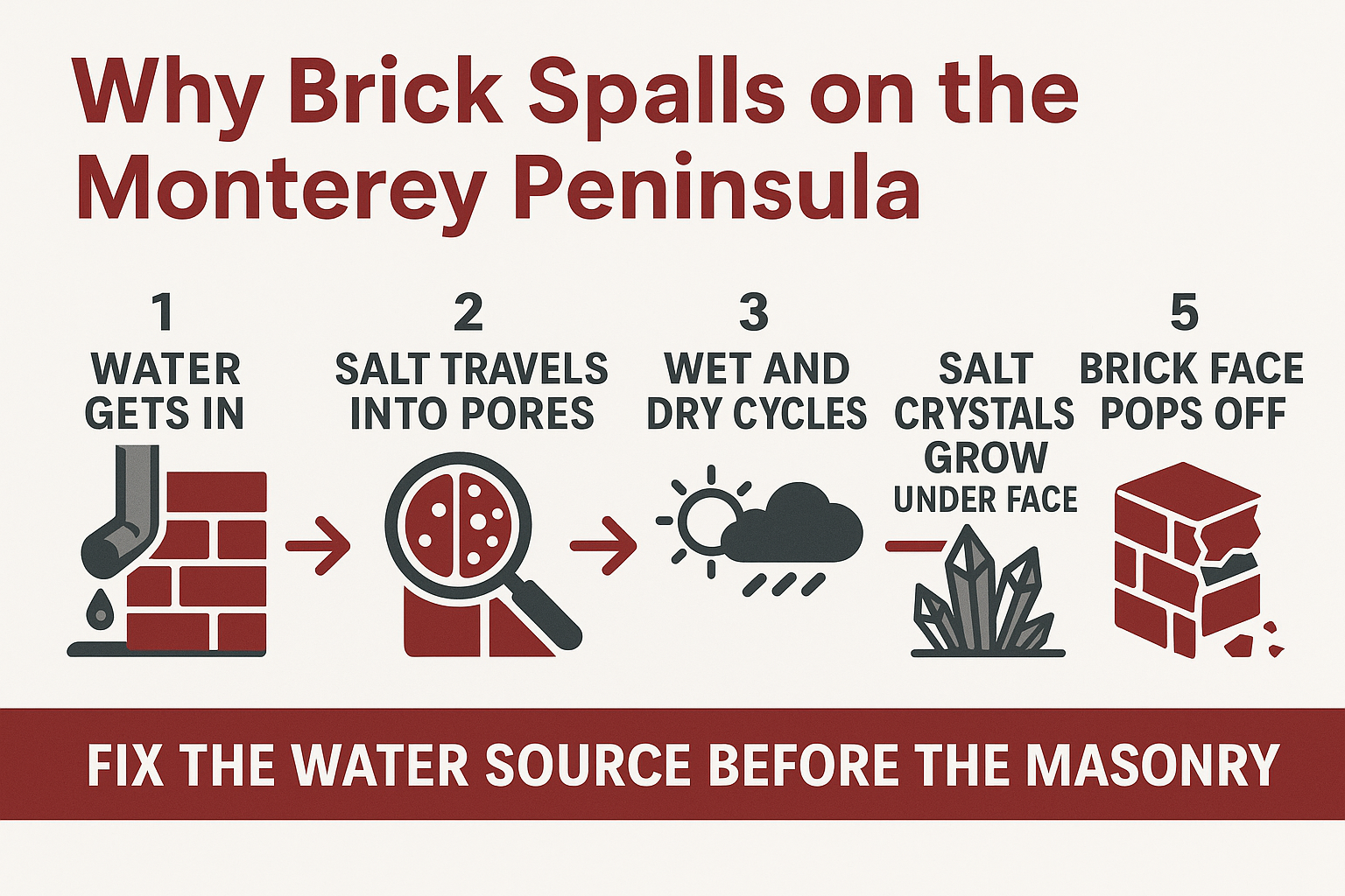 Infographic showing the five stages of brick spalling from water entry to the brick face popping off
