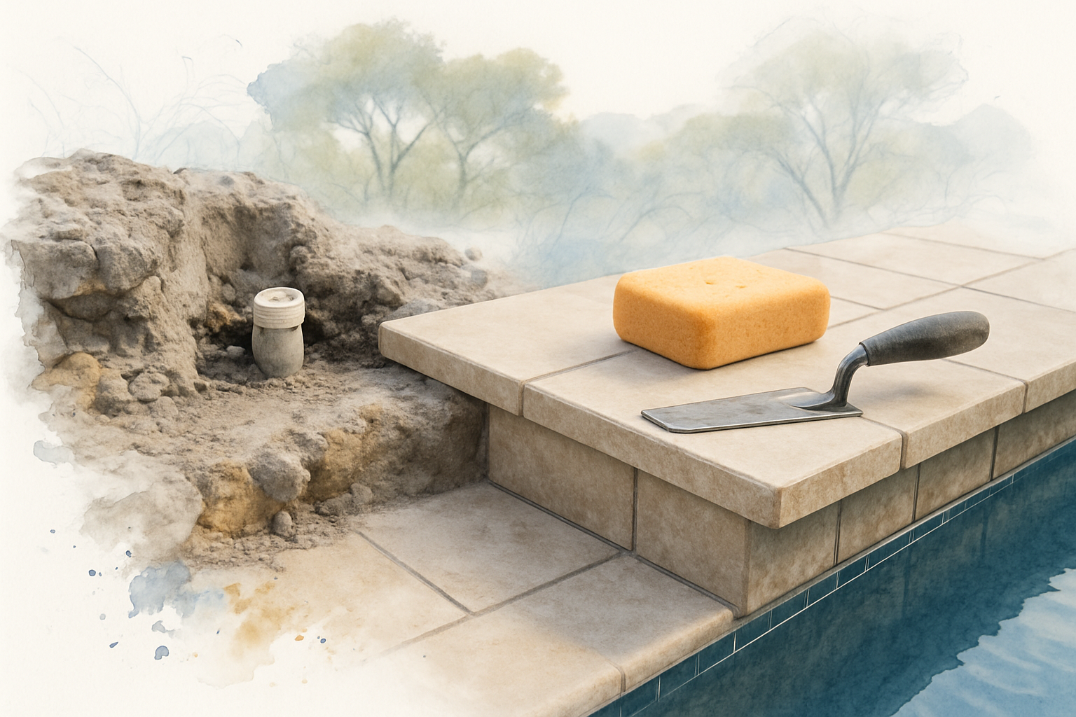 Pool edge where an old waterfall was removed and rebuilt into a stone sitting ledge matched into the existing deck