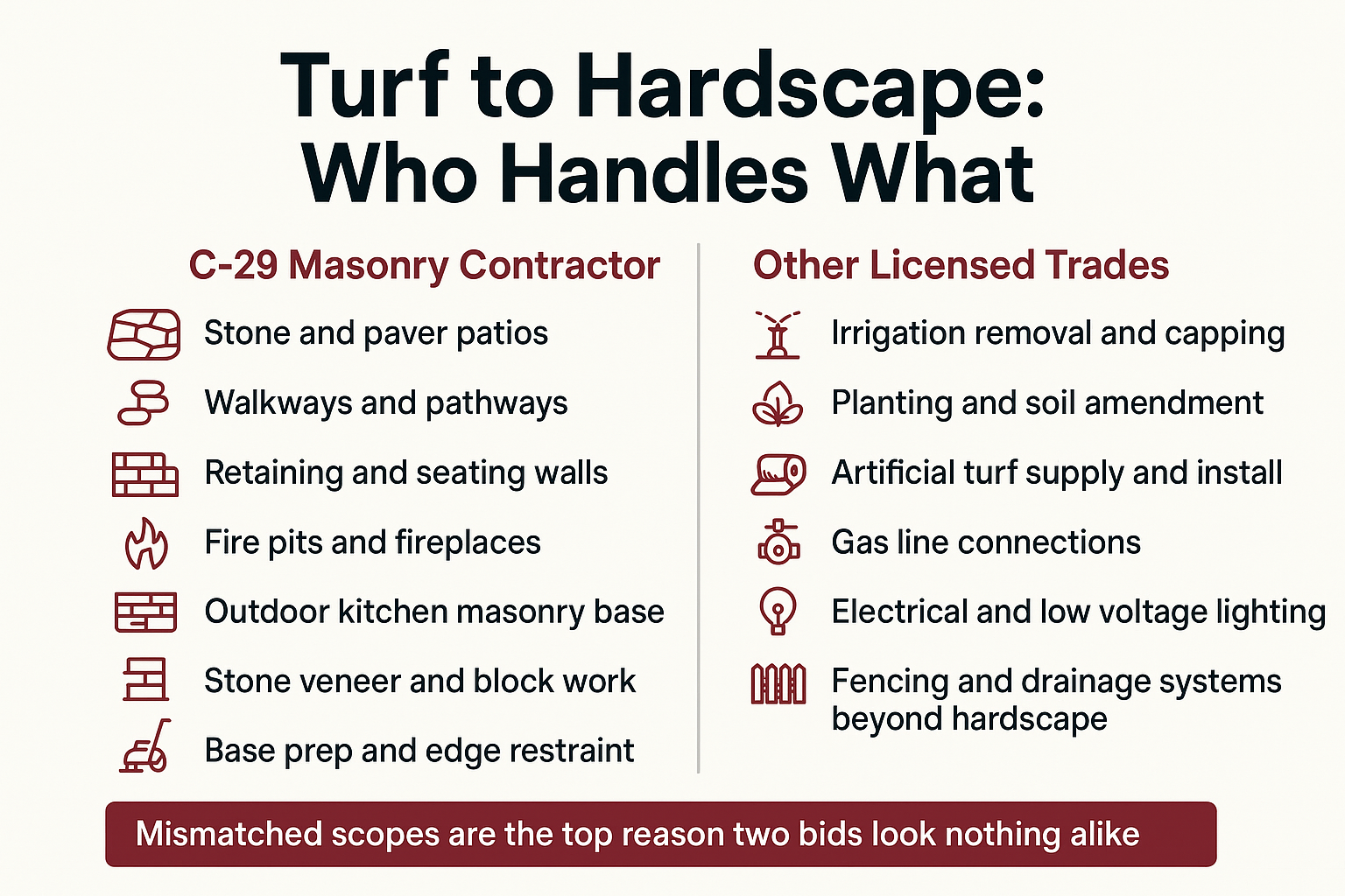 Infographic comparing scope versus other trades in a turf to hardscape conversion