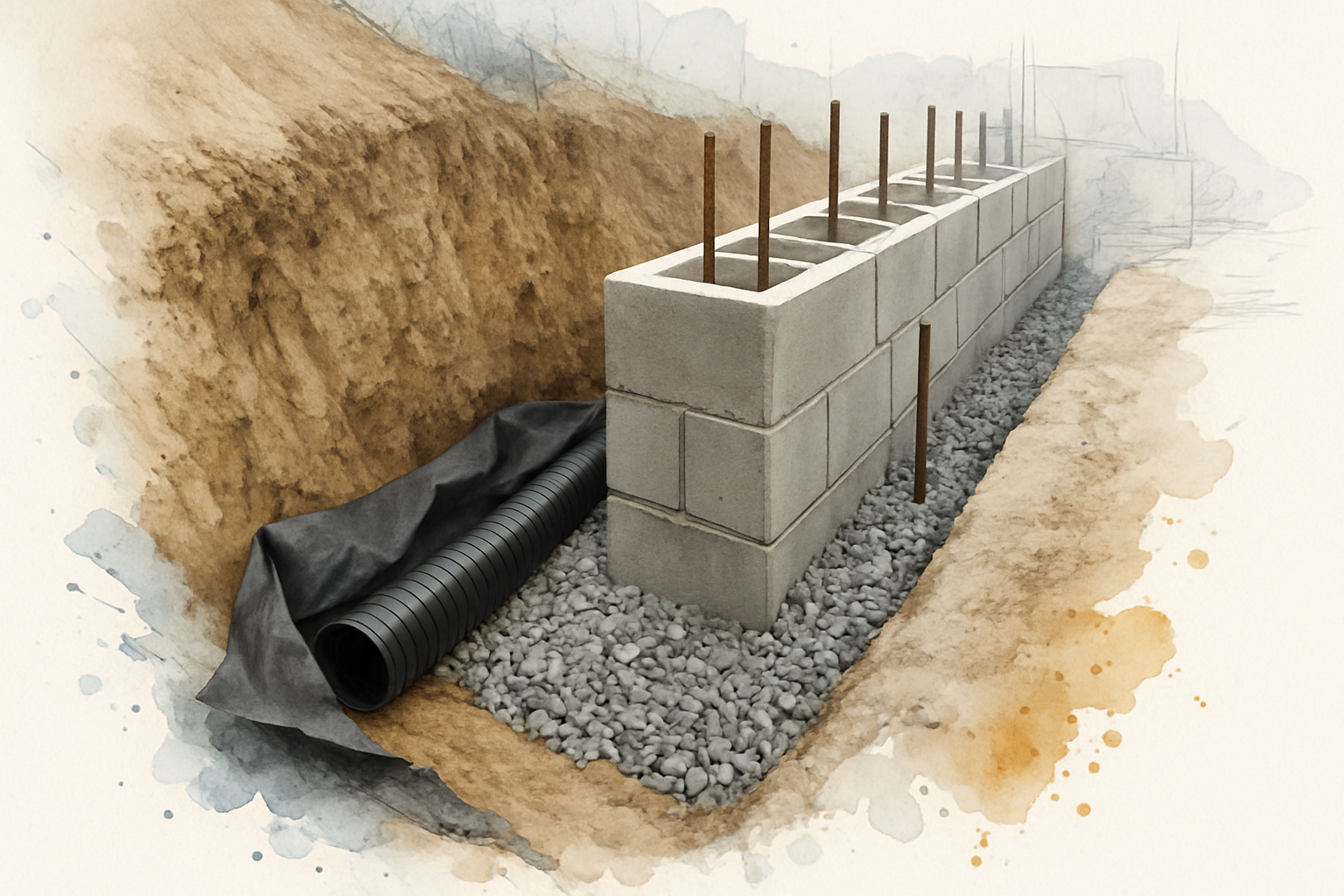 Drain pipe and gravel backfill behind a new block with vertical rebar in grouted cells