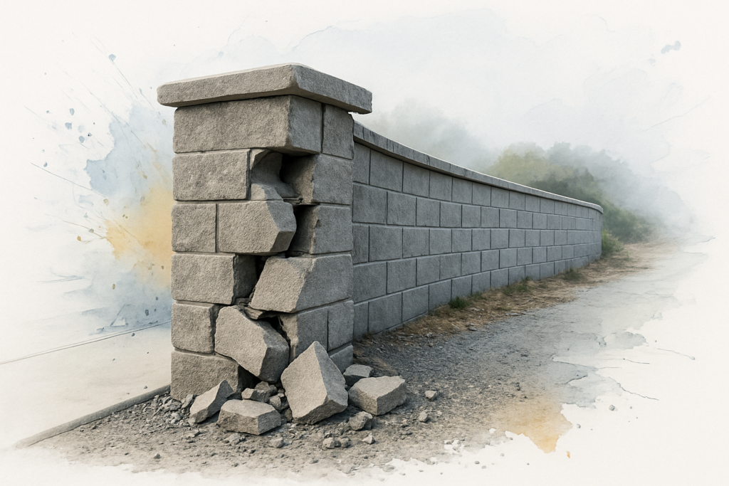 Cracked and displaced concrete blocks at the corner of a coastal after vehicle damage