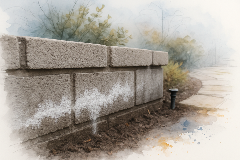 White powder blooming along the lower courses of a damp concrete block wall beside a wet planter bed