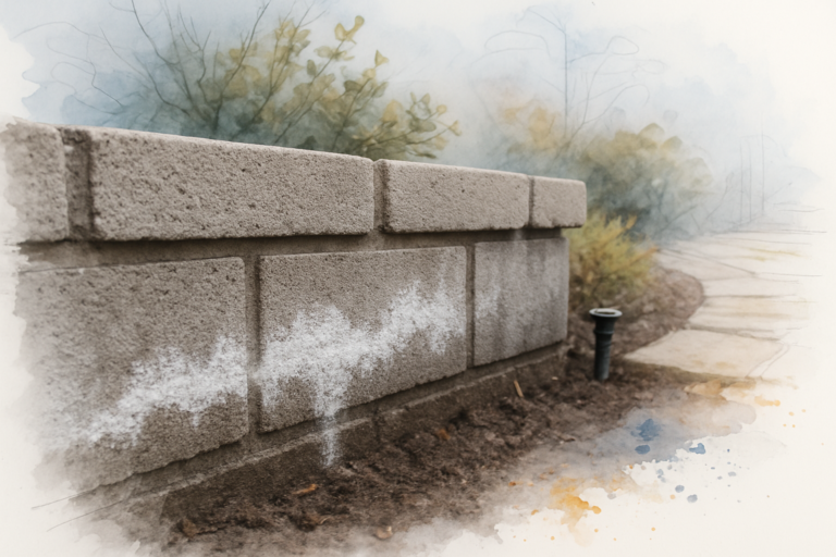 White powder blooming along the lower courses of a damp concrete block wall beside a wet planter bed