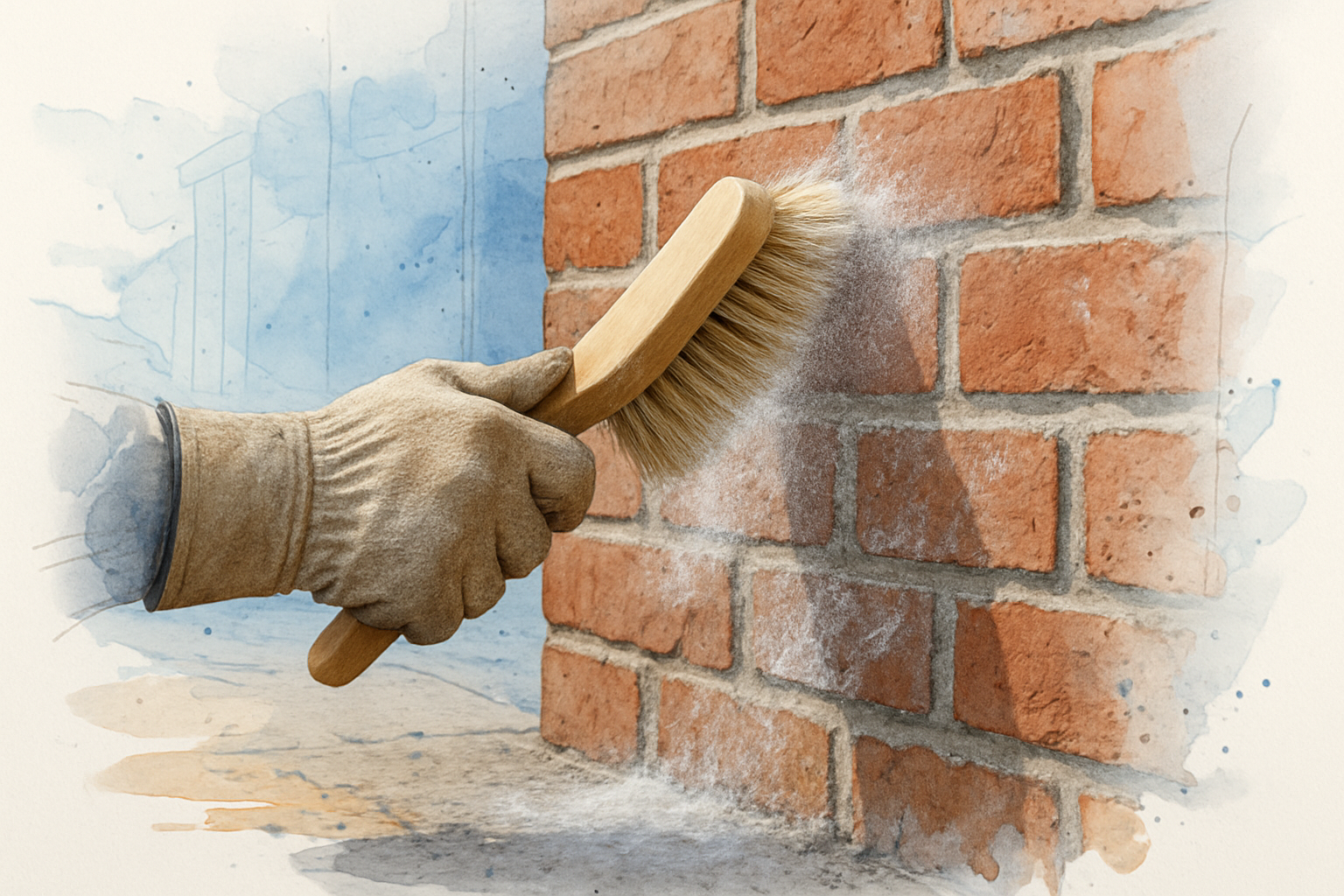 Gloved hand dry brushing white efflorescence off a red brick wall with a stiff bristle brush