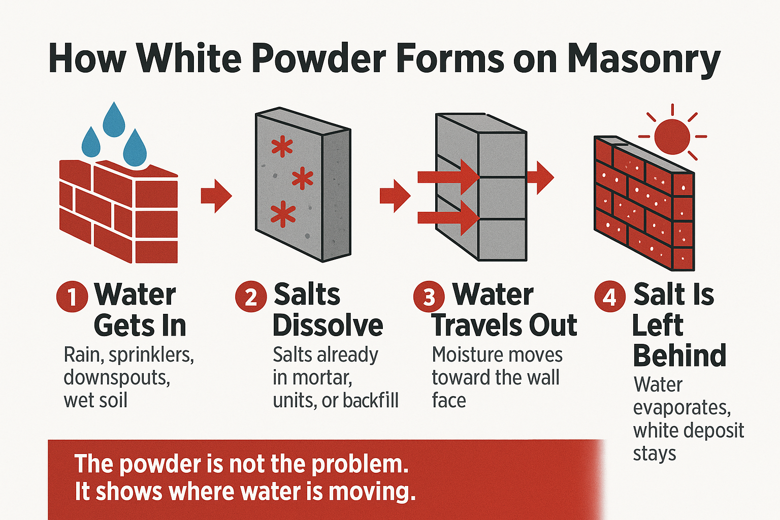 Infographic showing the four stages of efflorescence forming on brick and block masonry walls