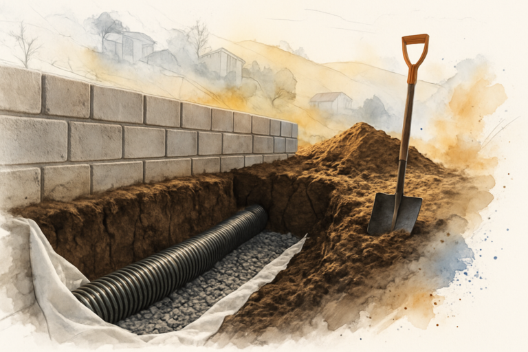 Perforated drain pipe and gravel backfill behind a block dug into cracked clay soil
