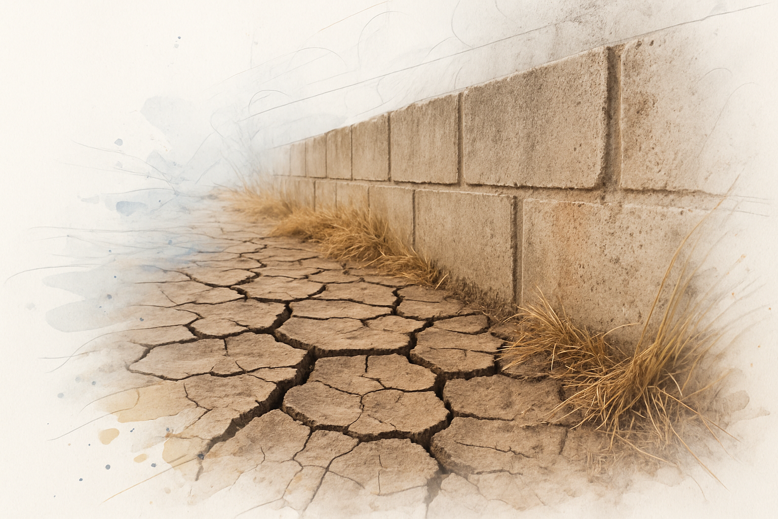 Deep summer shrinkage cracks in dry clay soil beside the base of a leaning block wall