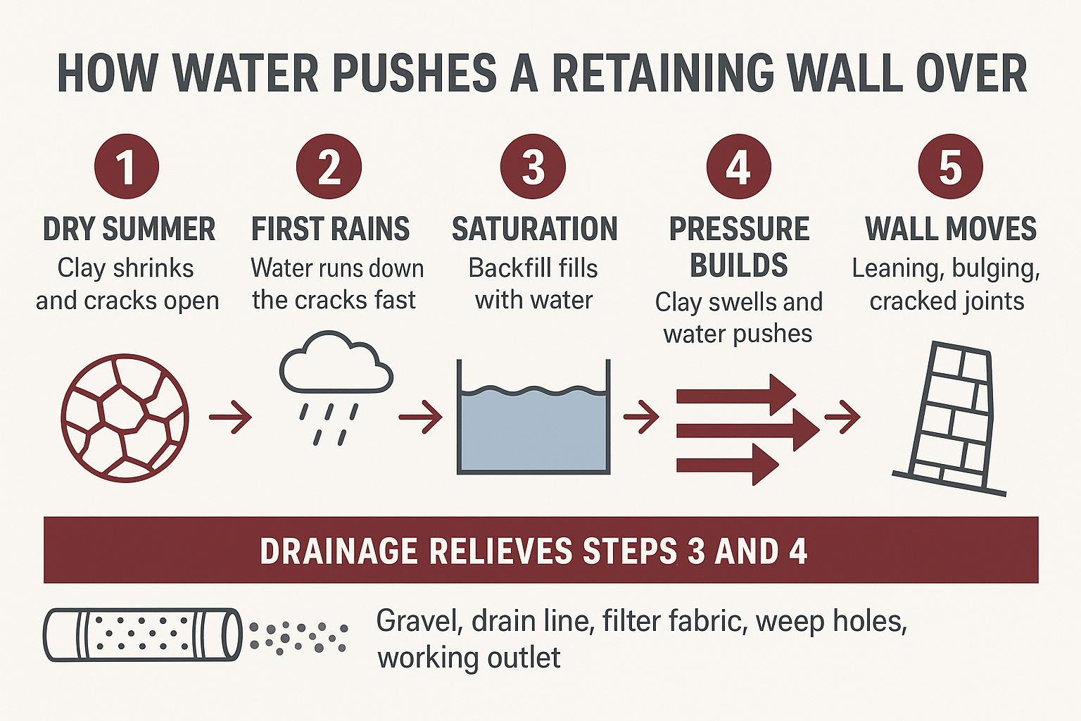 Infographic showing the five-step sequence of how water and clay soil push a over