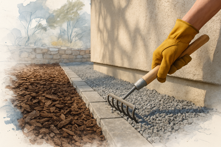 Gravel and cut stone band replacing bark mulch in the first 5 feet along a home's foundation