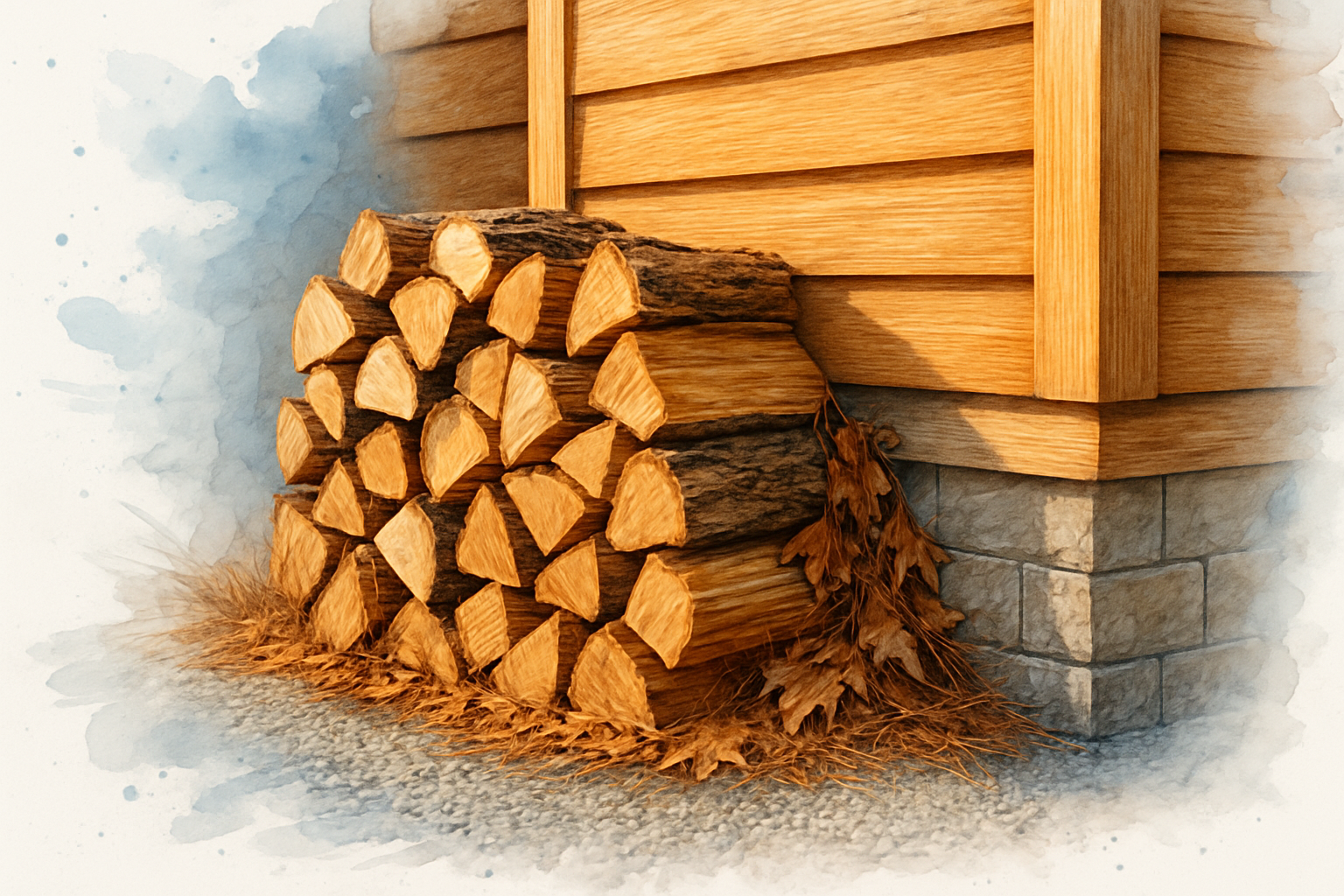 Firewood stacked against house siding with dry leaves collected in the first few feet of the wall
