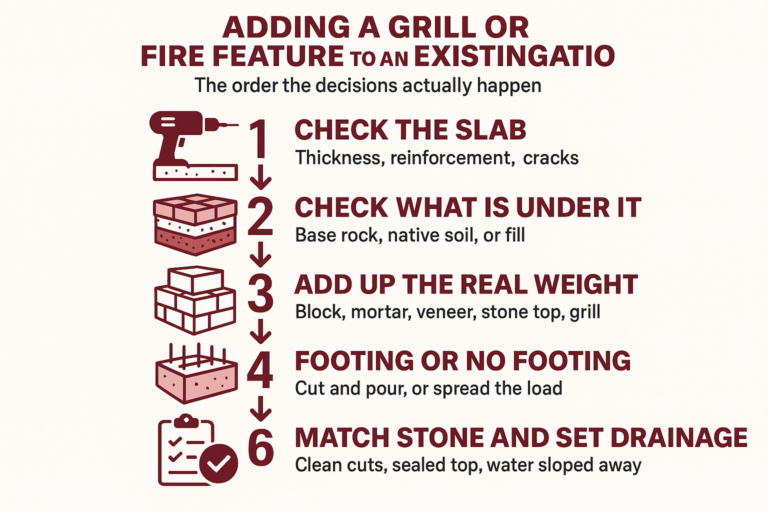 Infographic showing the six-step order for adding a built-in grill or fire feature to an existing patio