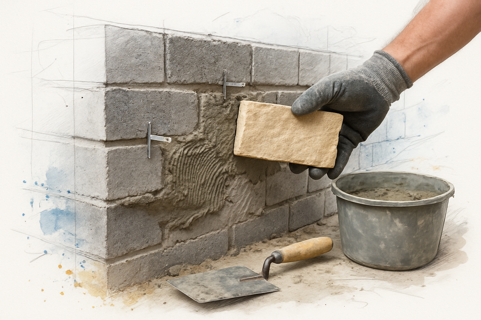 Mason holding stone veneer against a block wall with metal ties and scratch coat visible