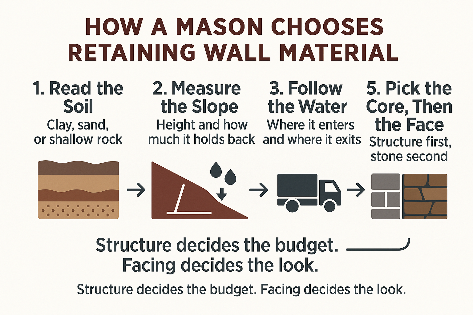 Infographic showing the five steps a mason uses to choose material, from soil to facing