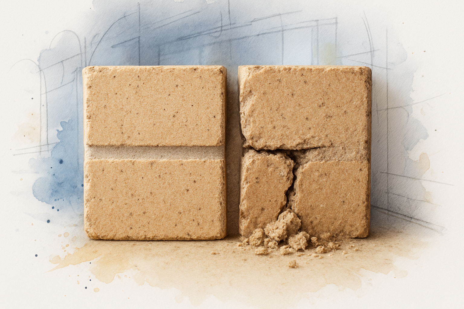 Comparison of an intact refractory mortar joint and a crumbled, open joint between firebrick