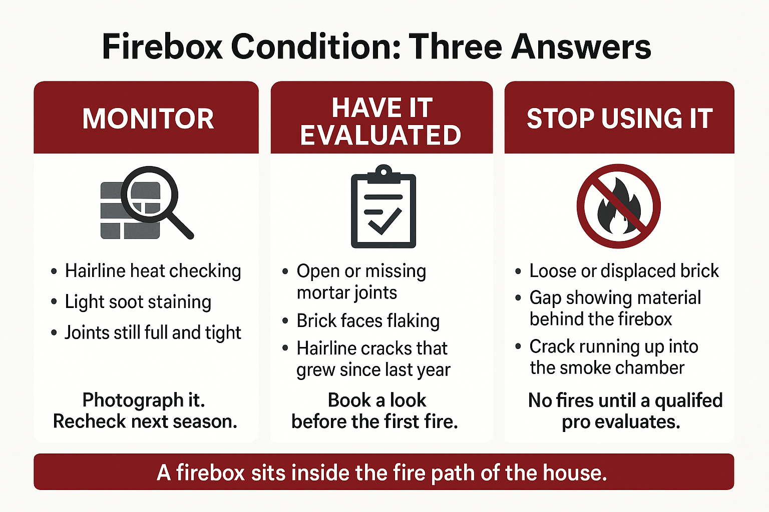 Infographic sorting firebox symptoms into monitor, have evaluated, or stop using the fireplace