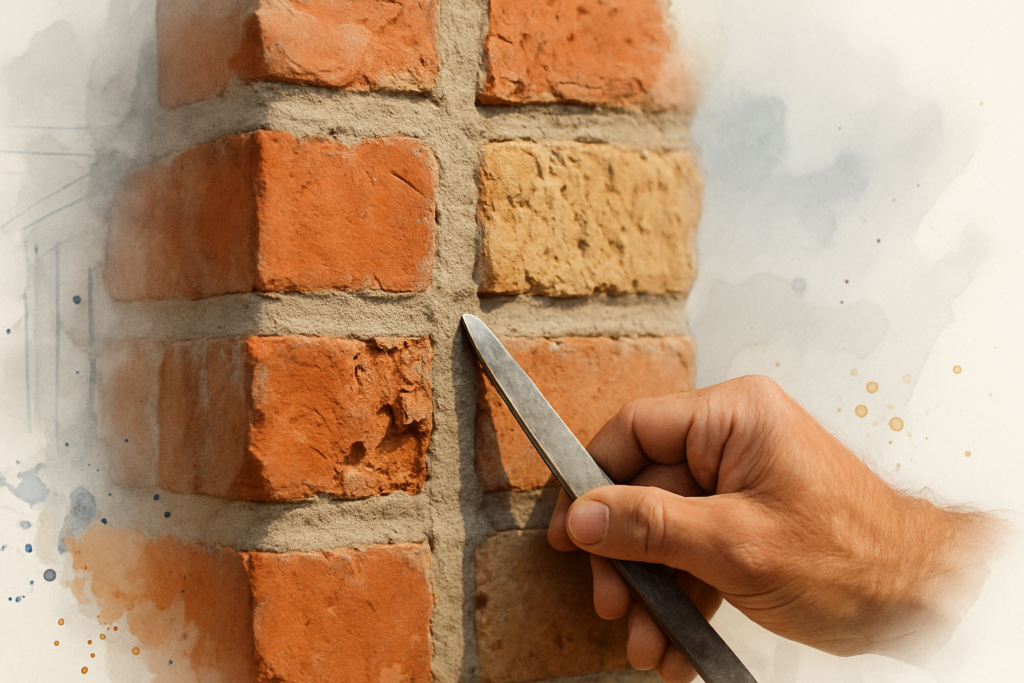 Close-up of old brick wall showing fresh hard mortar joints beside crumbling original joints and flaked brick faces