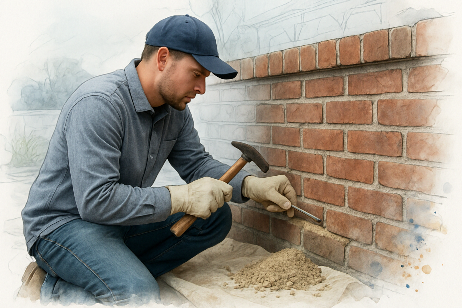 Mason removing old mortar from a brick wall joint by hand chisel during a mortar repair