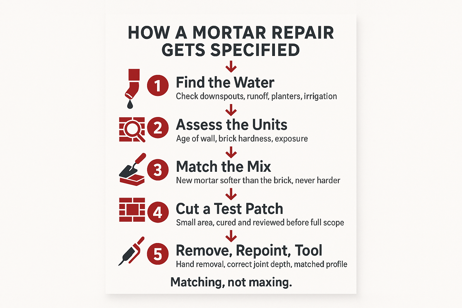 Infographic showing the five steps of specifying a mortar repair, from finding water to tooling the joint