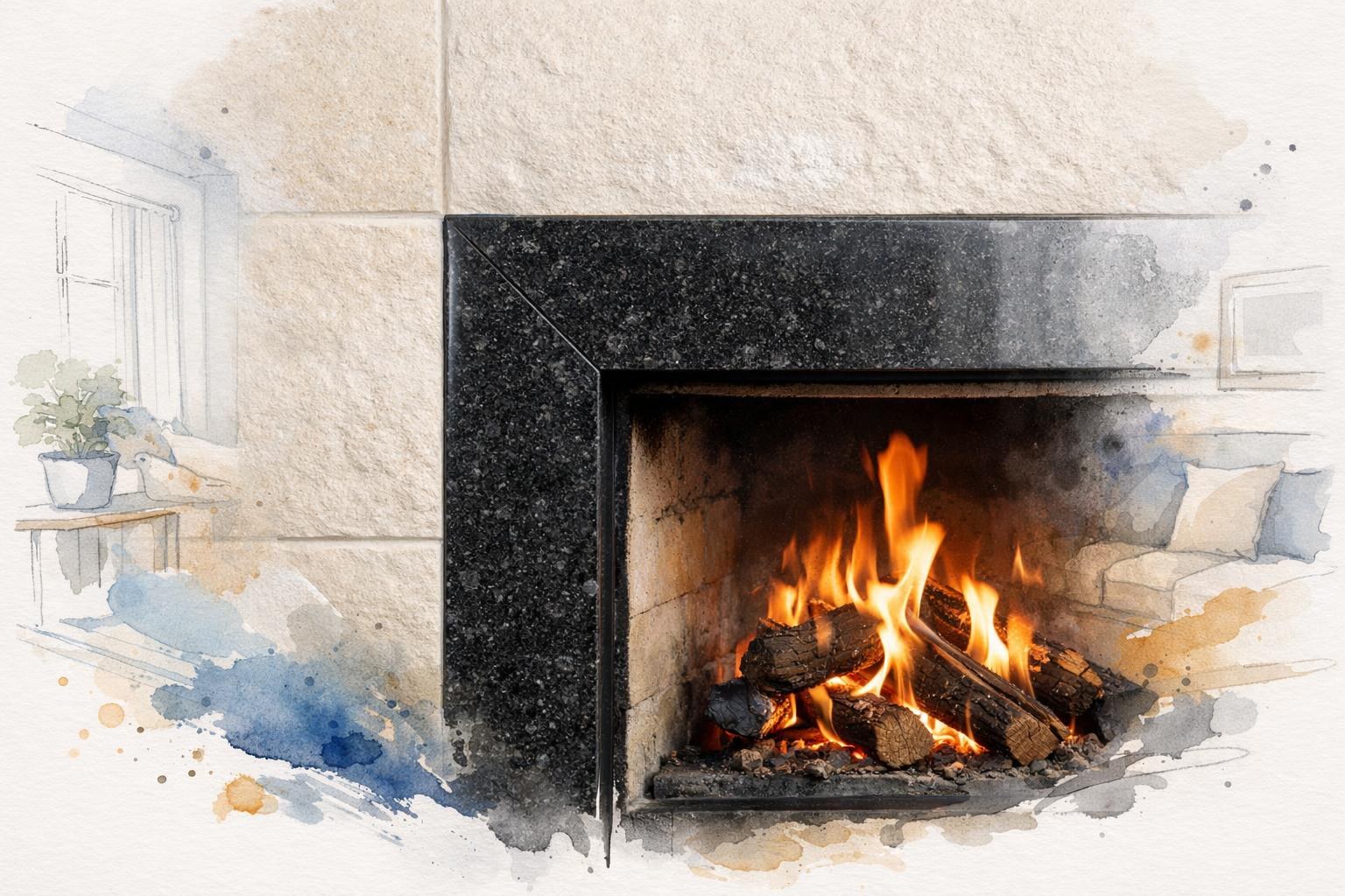 Fireplace surround showing dense granite at the firebox opening and lighter limestone on the surrounding field area