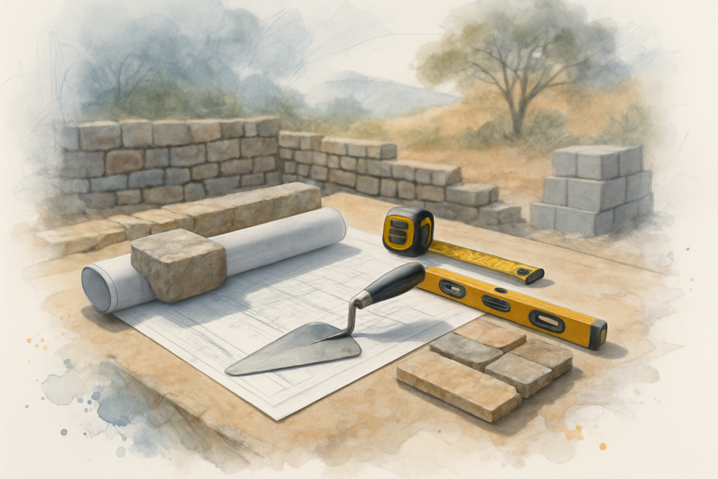 Rolled masonry plans weighted by stone and a trowel on a work table beside a partly built