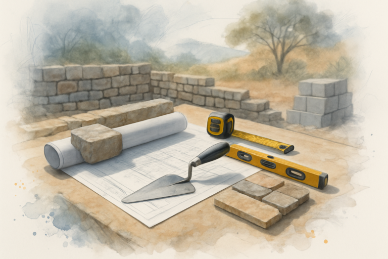 Rolled masonry plans weighted by stone and a trowel on a work table beside a partly built