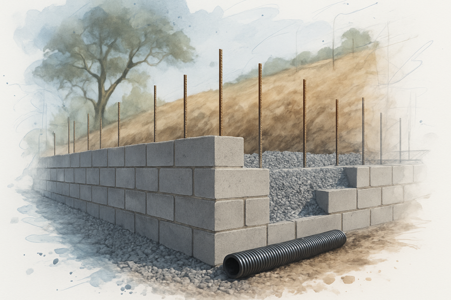 CMU under construction with exposed rebar, gravel backfill and a drain pipe at the base