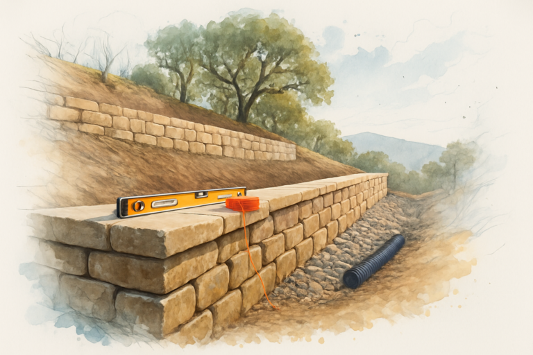Two stone terraced on a hillside with a wide gravel bench and drain pipe between the tiers