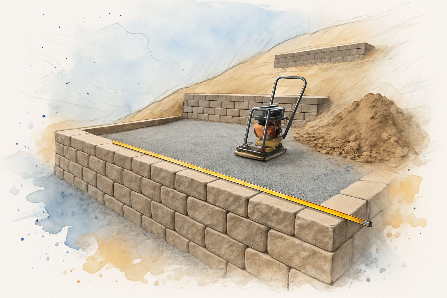 Tape measure stretched across the gravel bench between two tiers of a terraced under construction