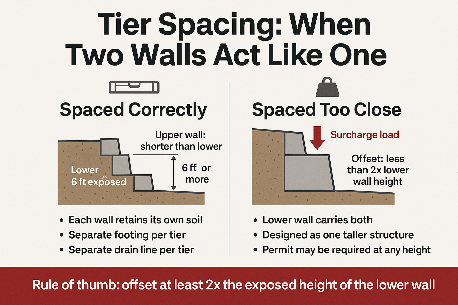 Infographic comparing correctly spaced terraced to tiers set too close and creating a surcharge load