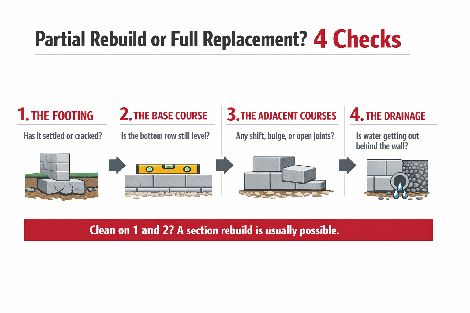Infographic showing four checks that decide partial rebuild or full replacement of a