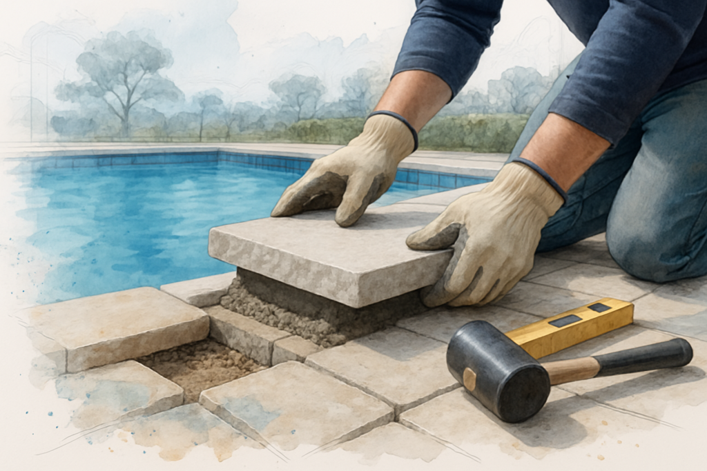 Mason setting a cut stone coping piece on a pool edge beside lifted deck stone and exposed base