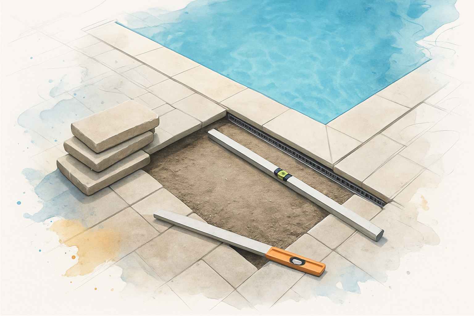 Pool deck with stones removed showing the compacted base, a level across the opening, and a drain channel