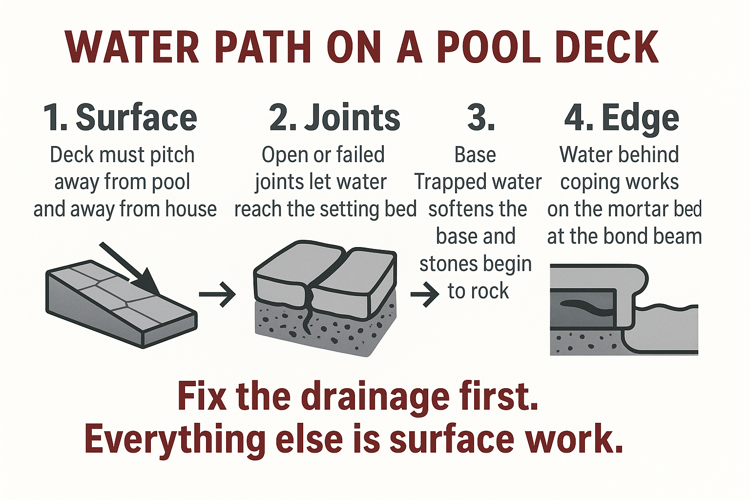 Infographic showing the four points where water damages a pool deck: surface, joints, base, and coping edge