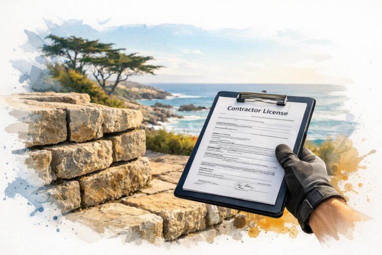 Contractor's gloved hand holding a license document in front of a coastal California stone
