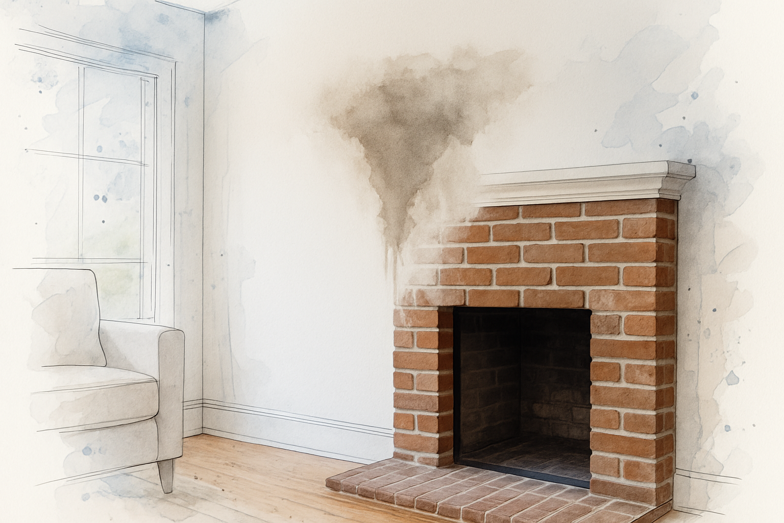 Water stain spreading on drywall beside a brick fireplace with white efflorescence on the brick face