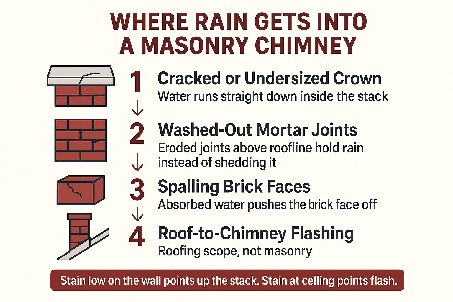 Infographic showing four masonry chimney leak entry points from crown to roof flashing
