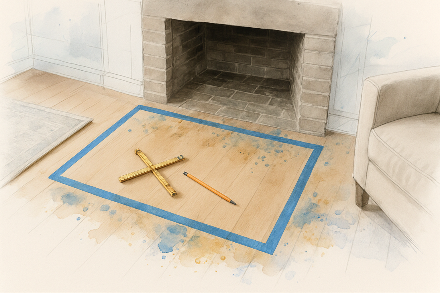 Painter's tape marking a hearth extension footprint on a living room floor in front of a masonry fireplace