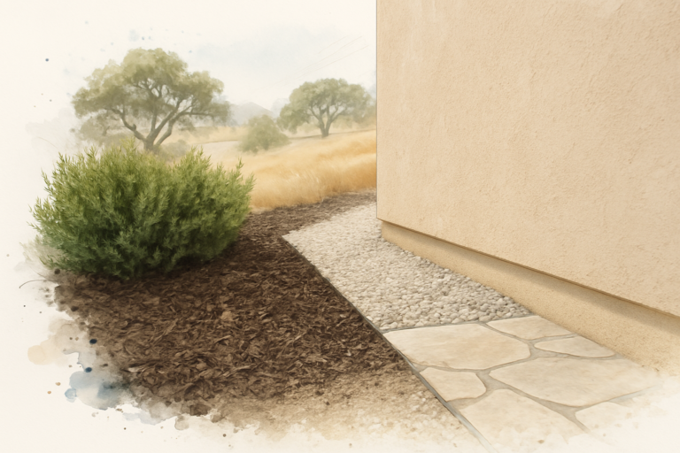 Five foot strip of crushed stone and flagstone against a home's foundation next to an older bark mulch bed