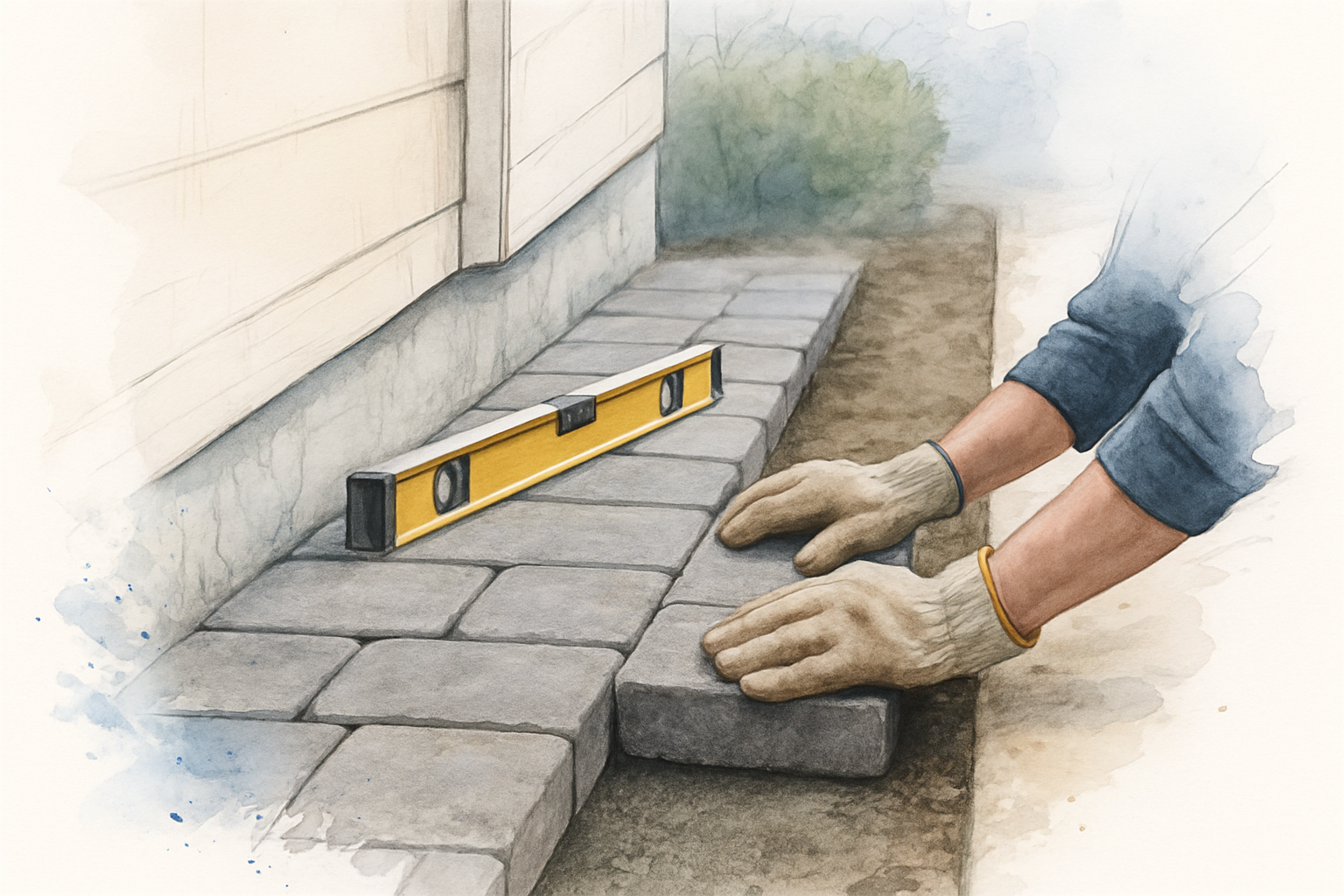 Mason setting pavers in a narrow strip against a house foundation with a level across the finished course